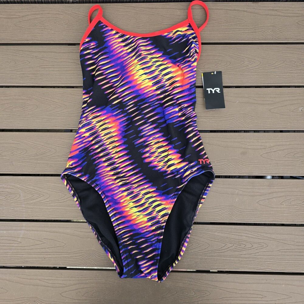TYR Durafast Elite Women's Lime/multi Evolved Crosscut Tieback swim Sz 32 New
